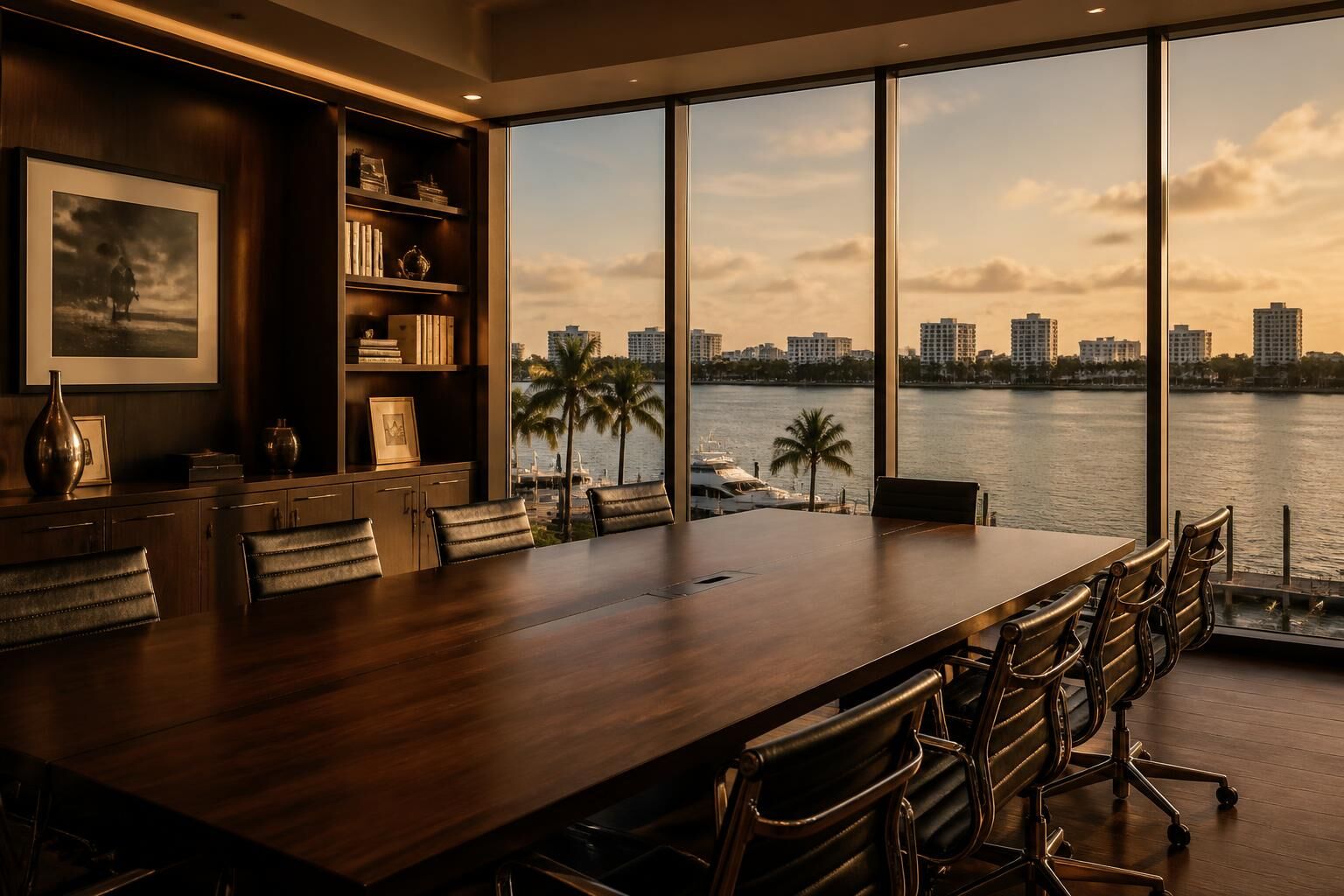 An executive boardroom whose windows look out over a flat Florida intracoastal waterfront with palms and a low skyline