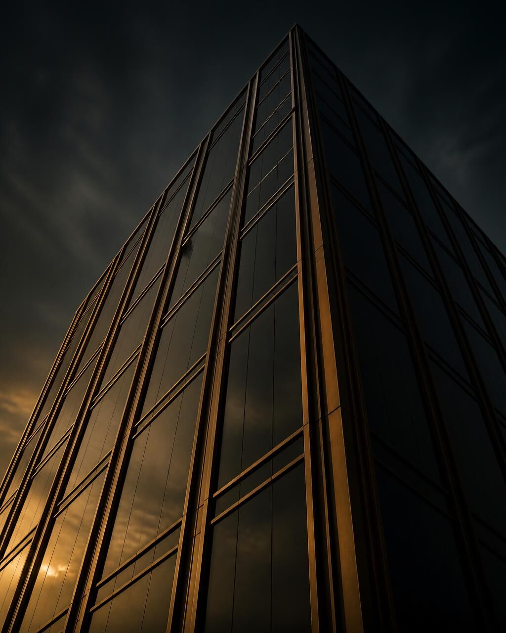 Commercial glass façade with bronze mullions catching golden light