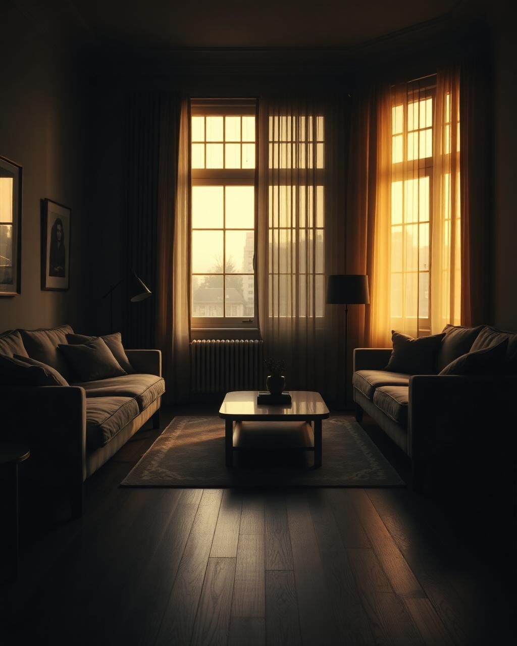 A quiet, empty family room at dusk with warm lamplight