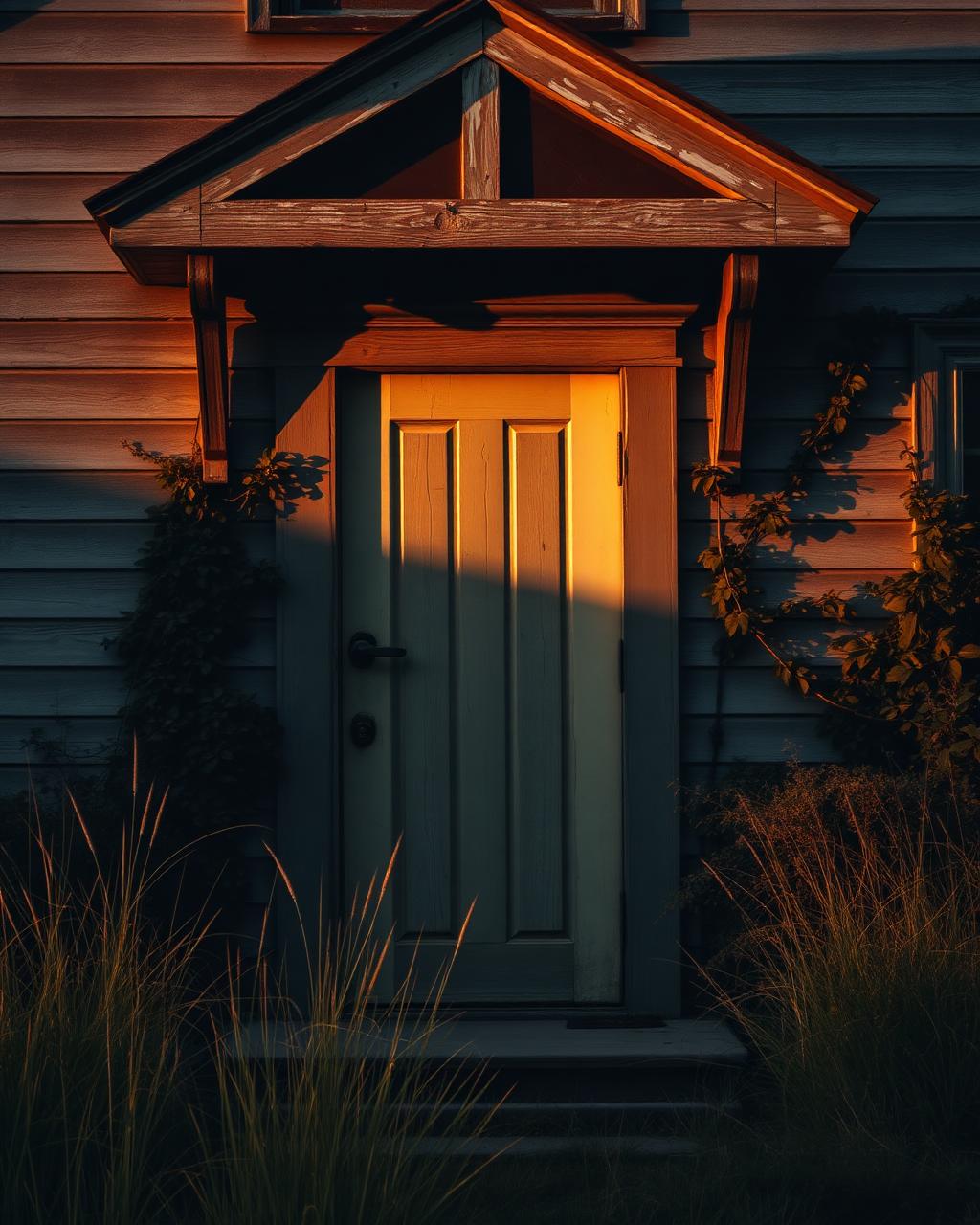 A weathered front door with an overgrown garden at golden hour