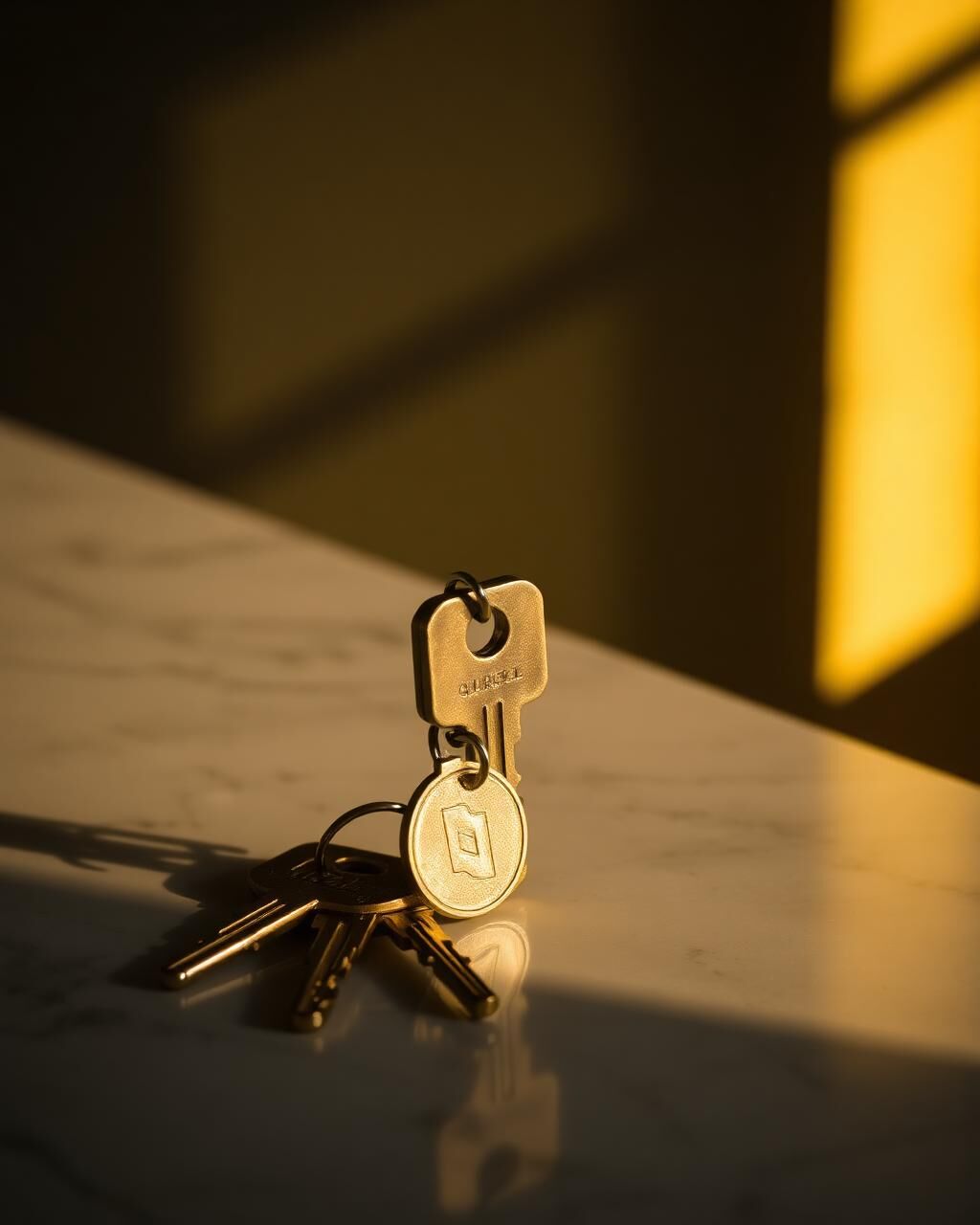 Two keys resting on a marble console in soft light