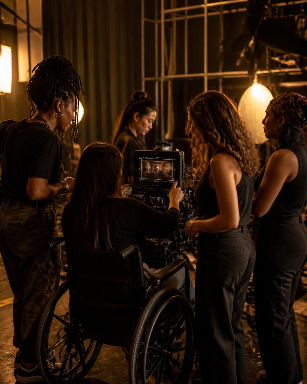 A diverse women-led creative team, including a filmmaker using a wheelchair, collaborating around a cinema camera