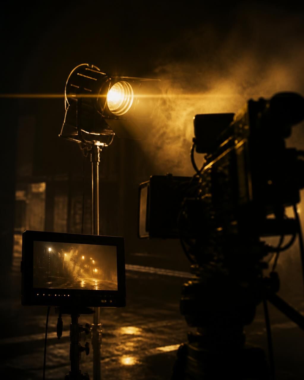 A film set at night with a lit lamp, warm haze and monitor glow