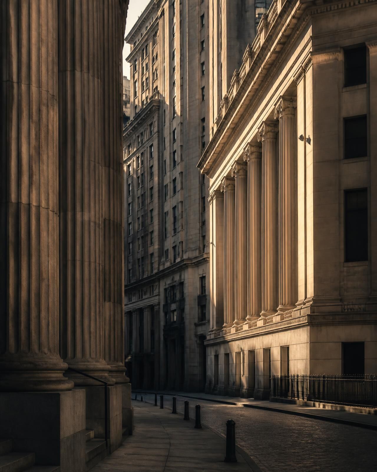 Classical stone facades and fluted columns along a quiet financial-district street