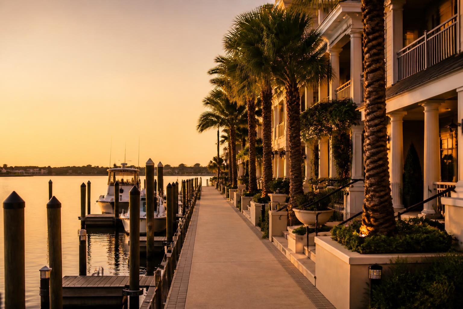 A palm-lined Northeast Florida intracoastal marina walkway in warm evening light