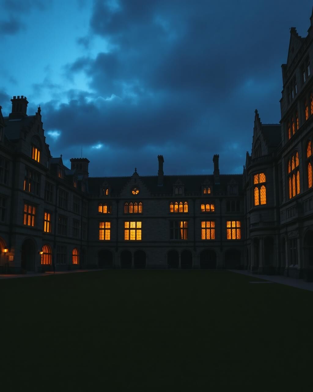 A university quadrangle at dusk under warm lampposts