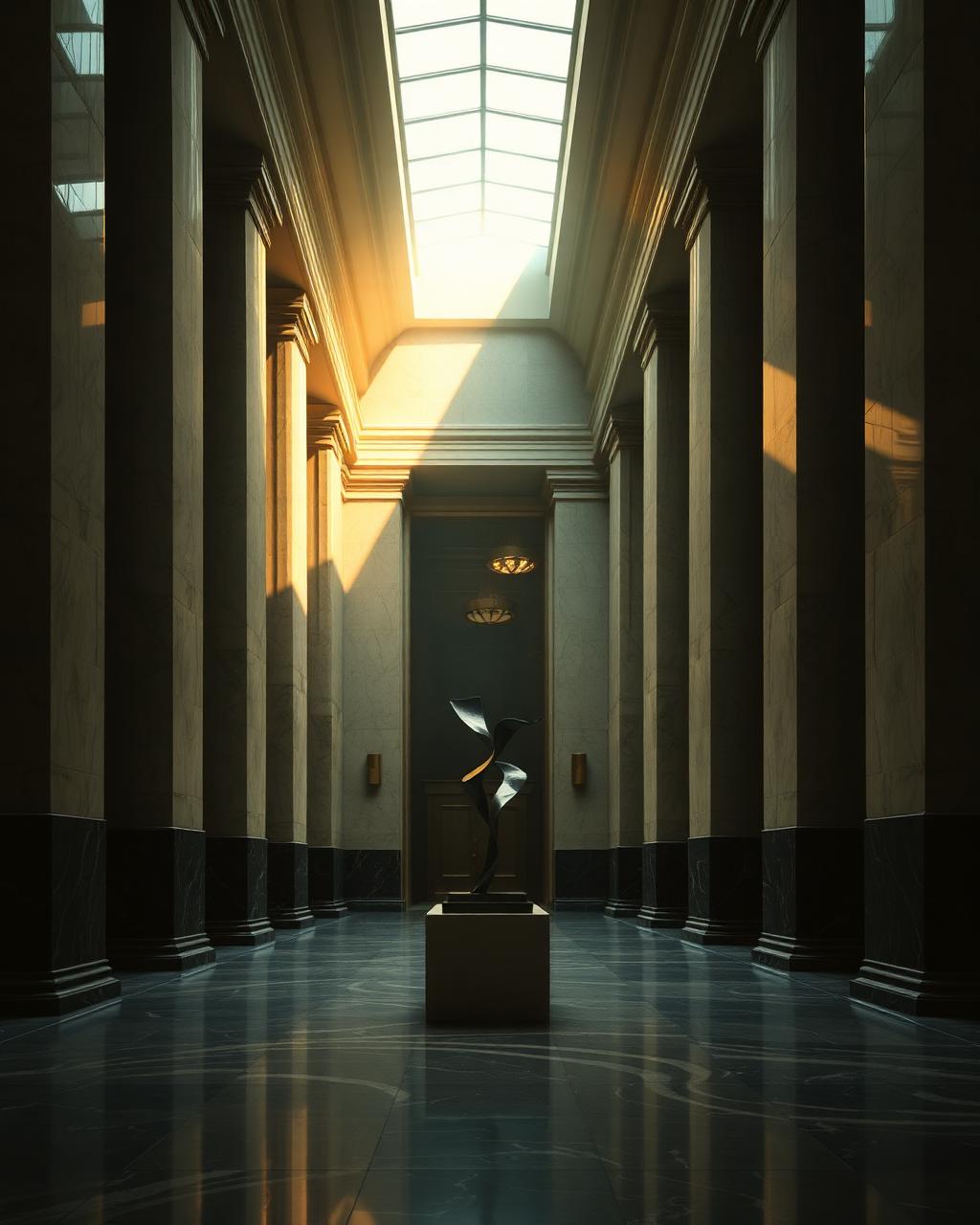 A foundation's marble lobby with a sculptural centerpiece in warm light