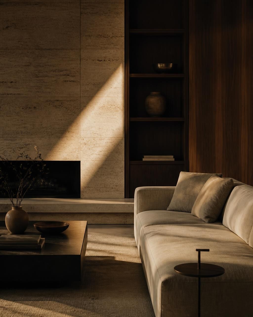 Quiet luxury interior in stone, walnut and linen with warm light