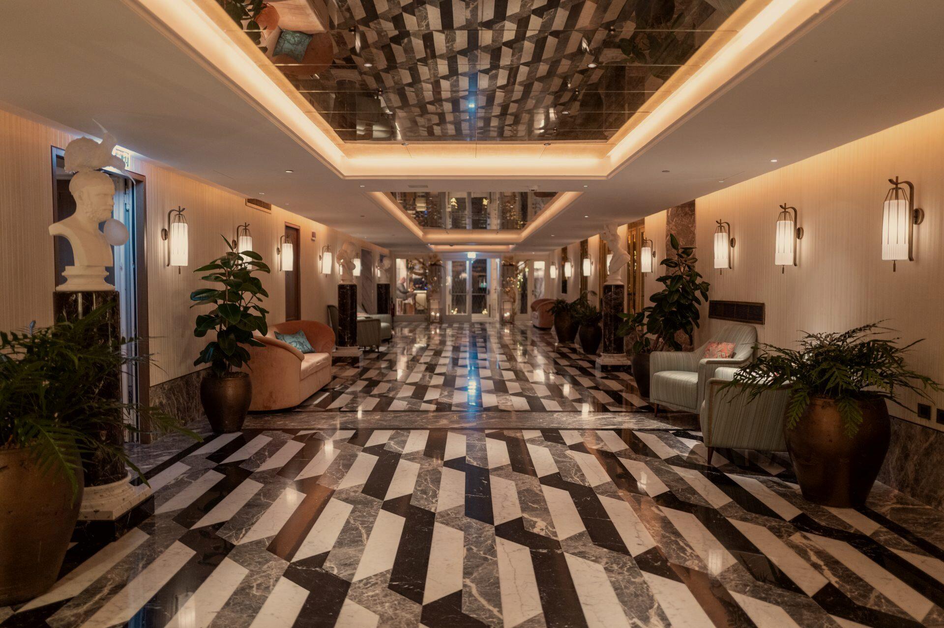 A marble lobby in soft directional light