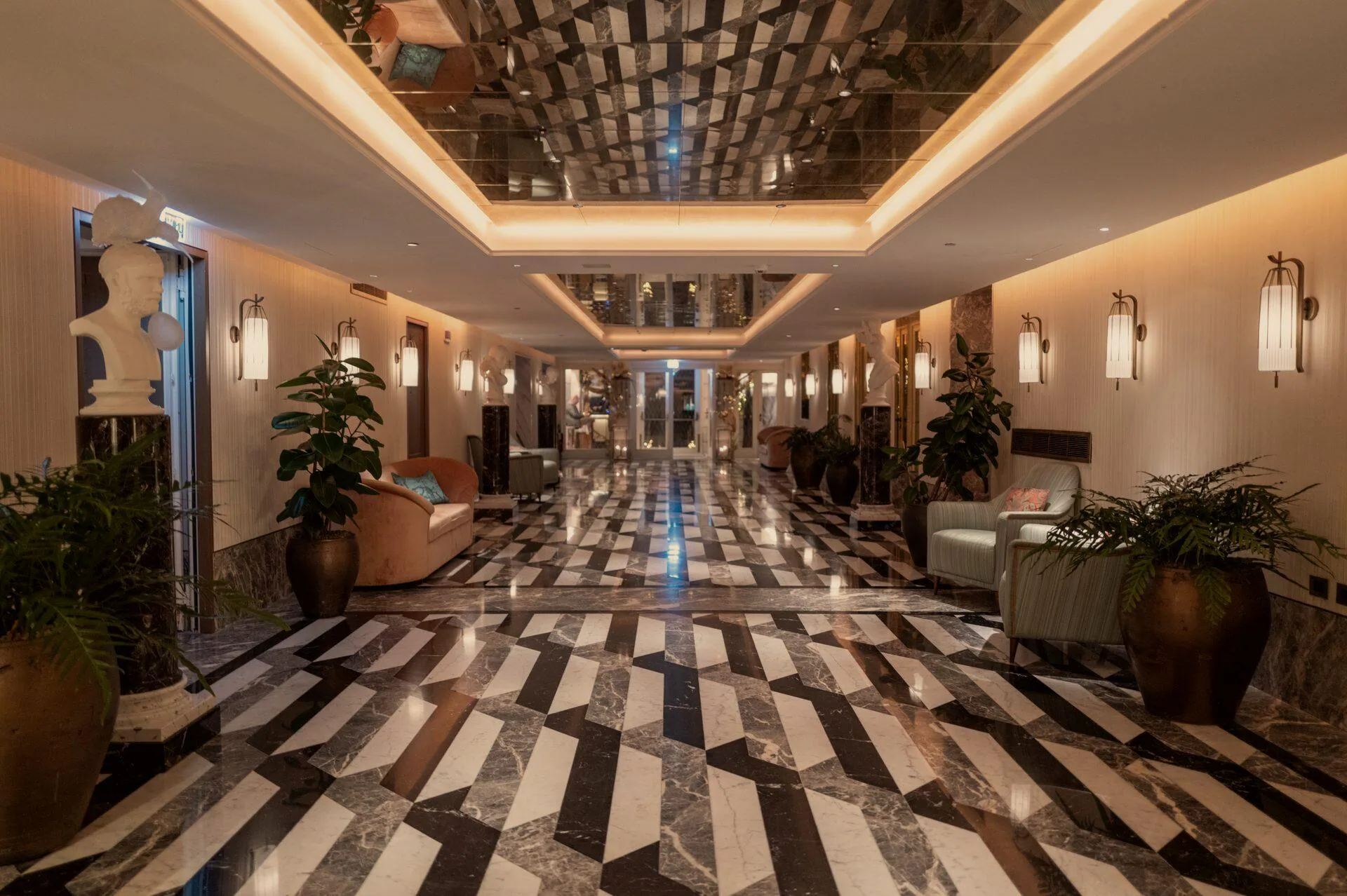 A marble lobby in soft directional light